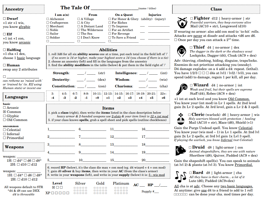 Tiny Mighty D20 Character Sheet
